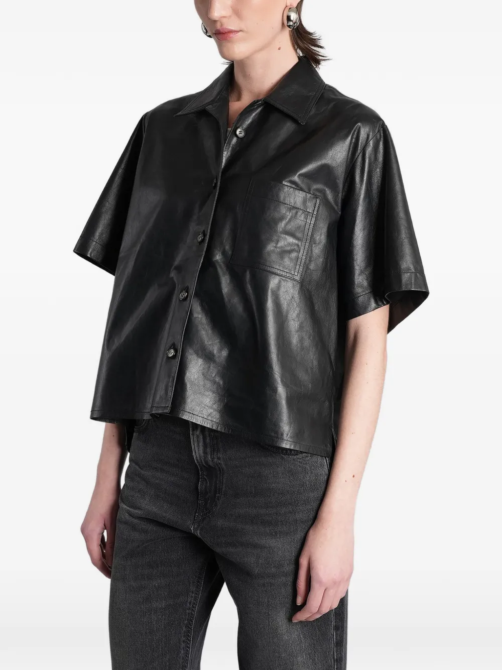 Haikure Leren blouse met korte mouwen Zwart