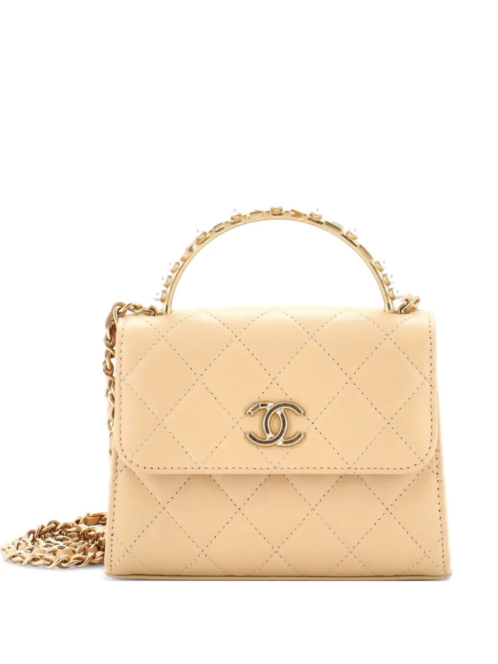 CHANEL Pre-Owned Logo and Pearl Top Handle Clutch with Chain Quilted Lambskin Small satchel - Nude