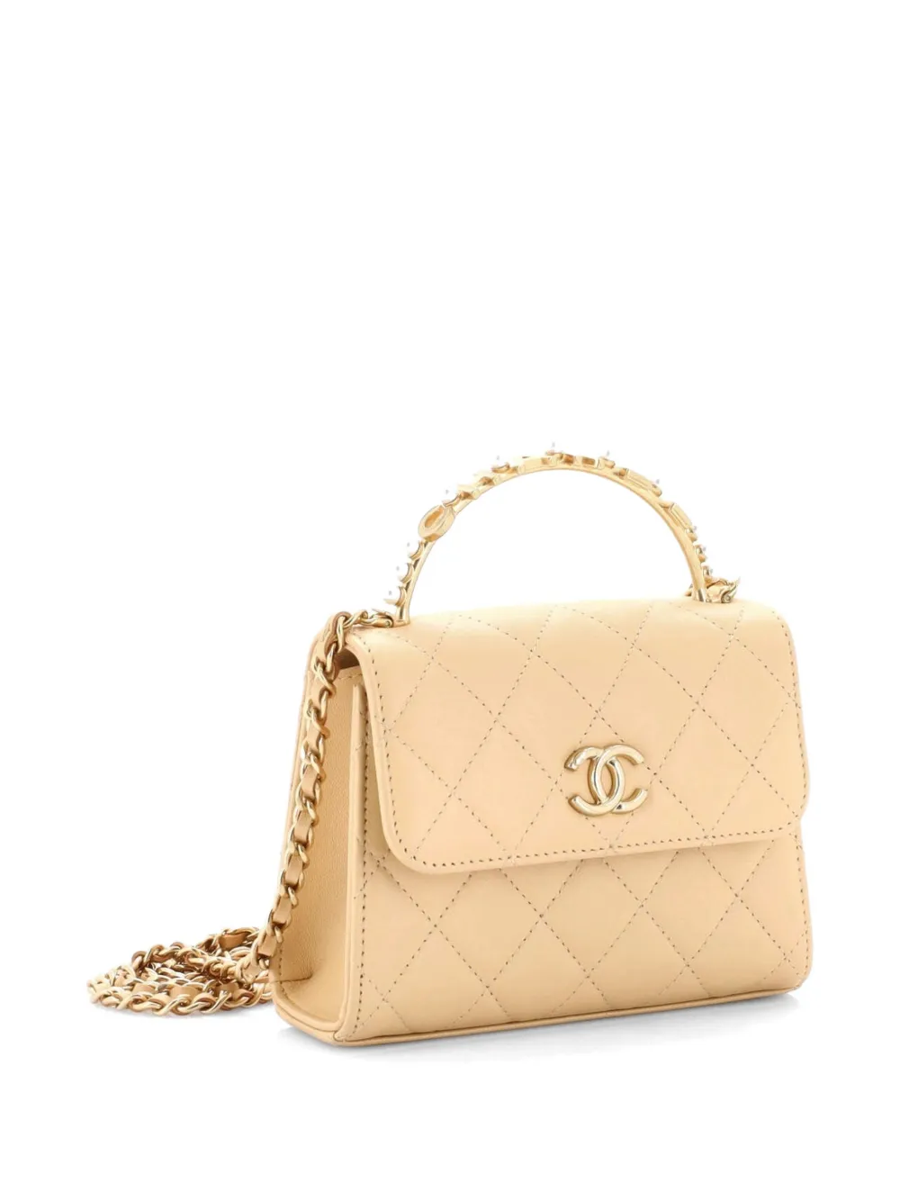  Chanel Pre-owned Logo And Pearl Top Handle Clutch With Chain Quilted Lambskin Small Satchel - Neutrals 