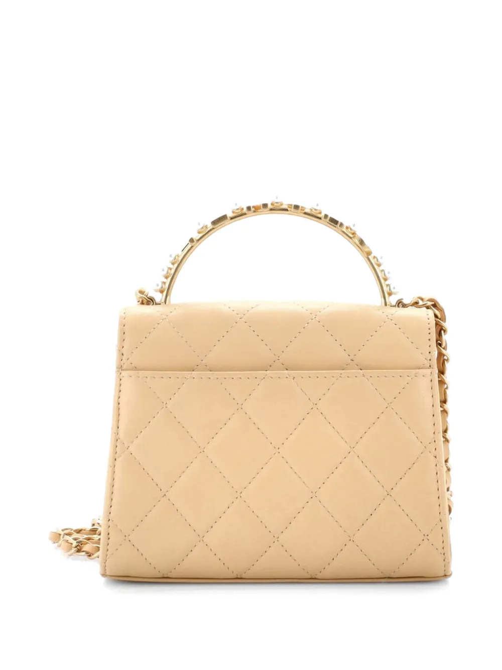  Chanel Pre-owned Logo And Pearl Top Handle Clutch With Chain Quilted Lambskin Small Satchel - Neutrals 