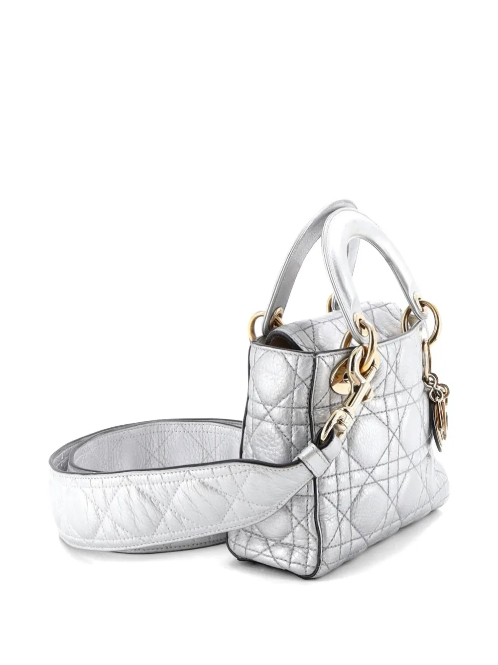  Christian Dior Pre-owned Borsa A Tracolla Lady Dior Mini In Pelle Di Agnello Trapuntata Con Motivo Cannage - Argento 