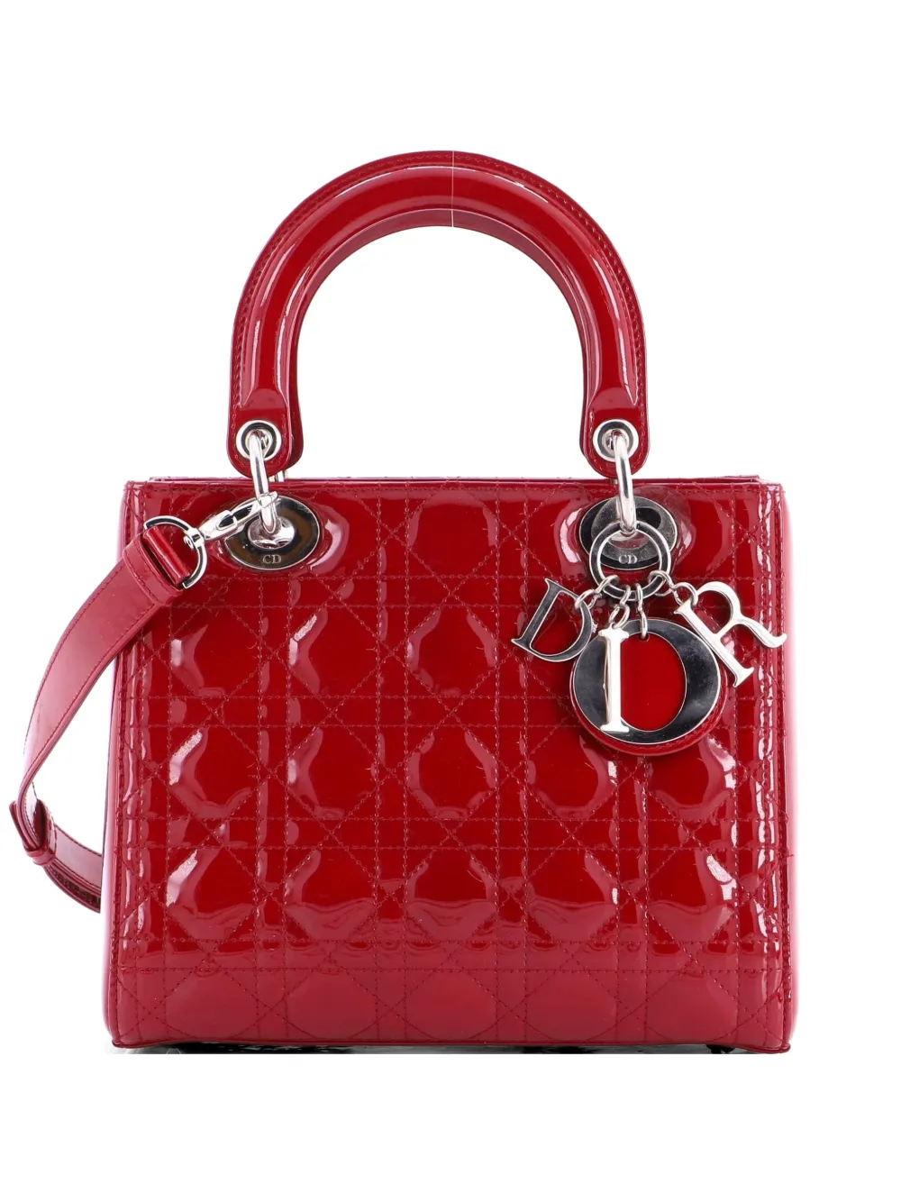 Christian Dior Pre-Owned Lady Dior Bag Cannage Quilt Patent Medium satchel - Rosso