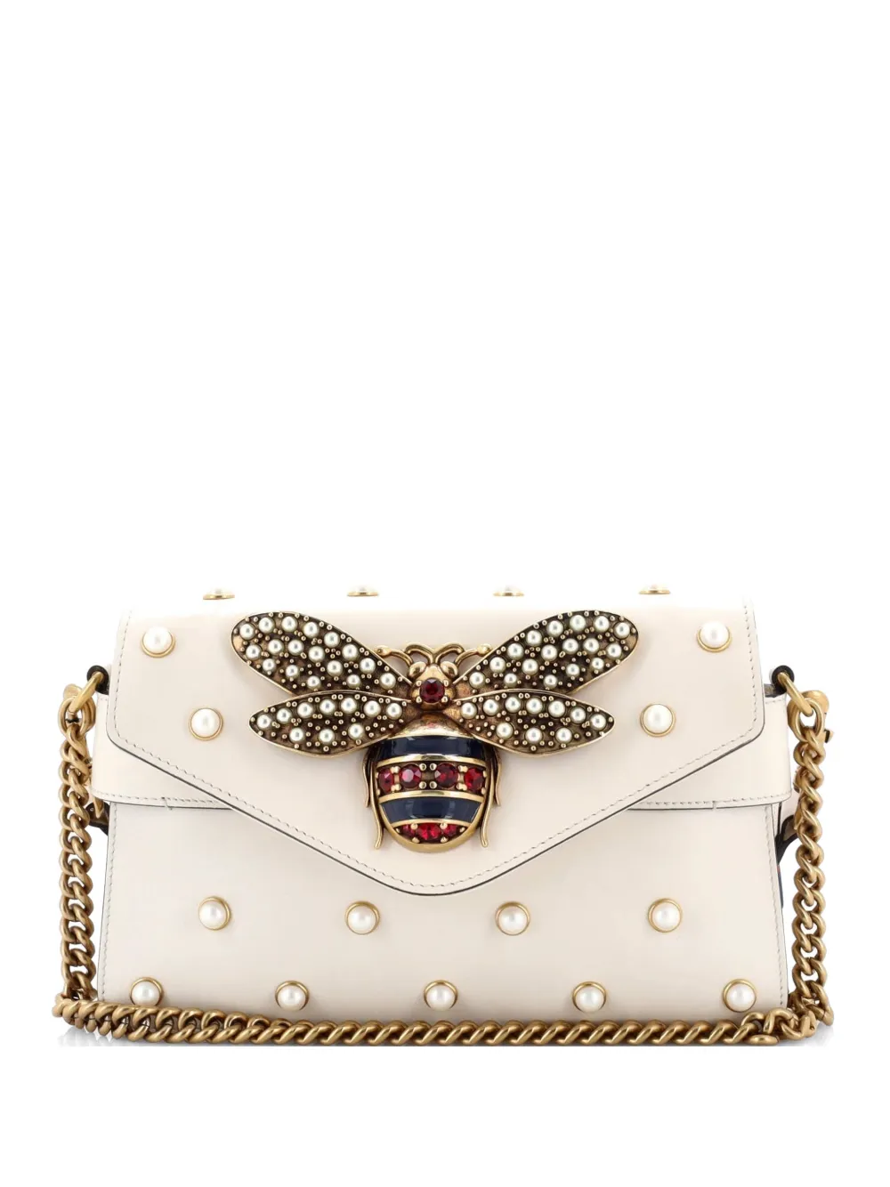 Gucci Pre-Owned Broadway Pearly Bee Embellished Leather Mini shoulder bag - Bianco