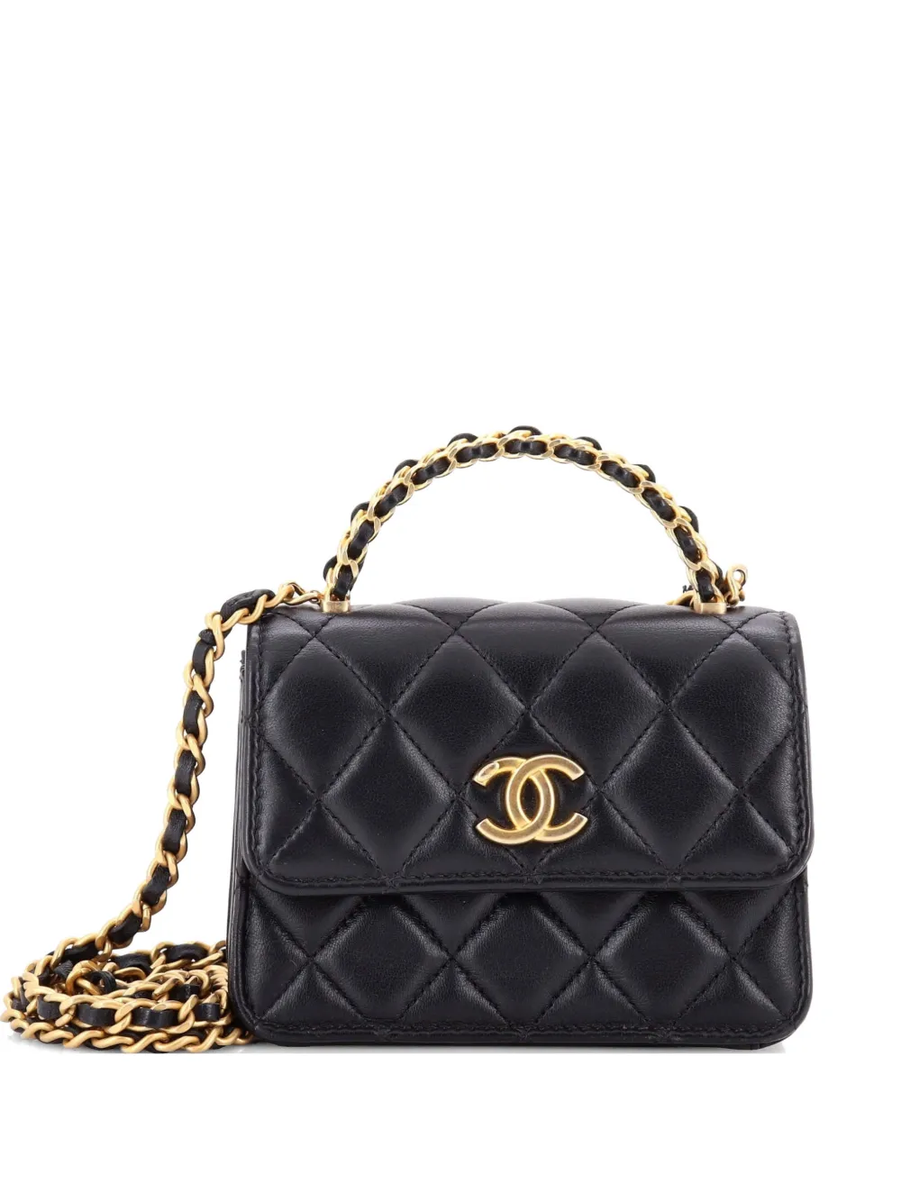 CHANEL Pre-Owned Woven Top Handle CC Flap Clutch on Chain Quilted Lambskin Small satchel - Nero