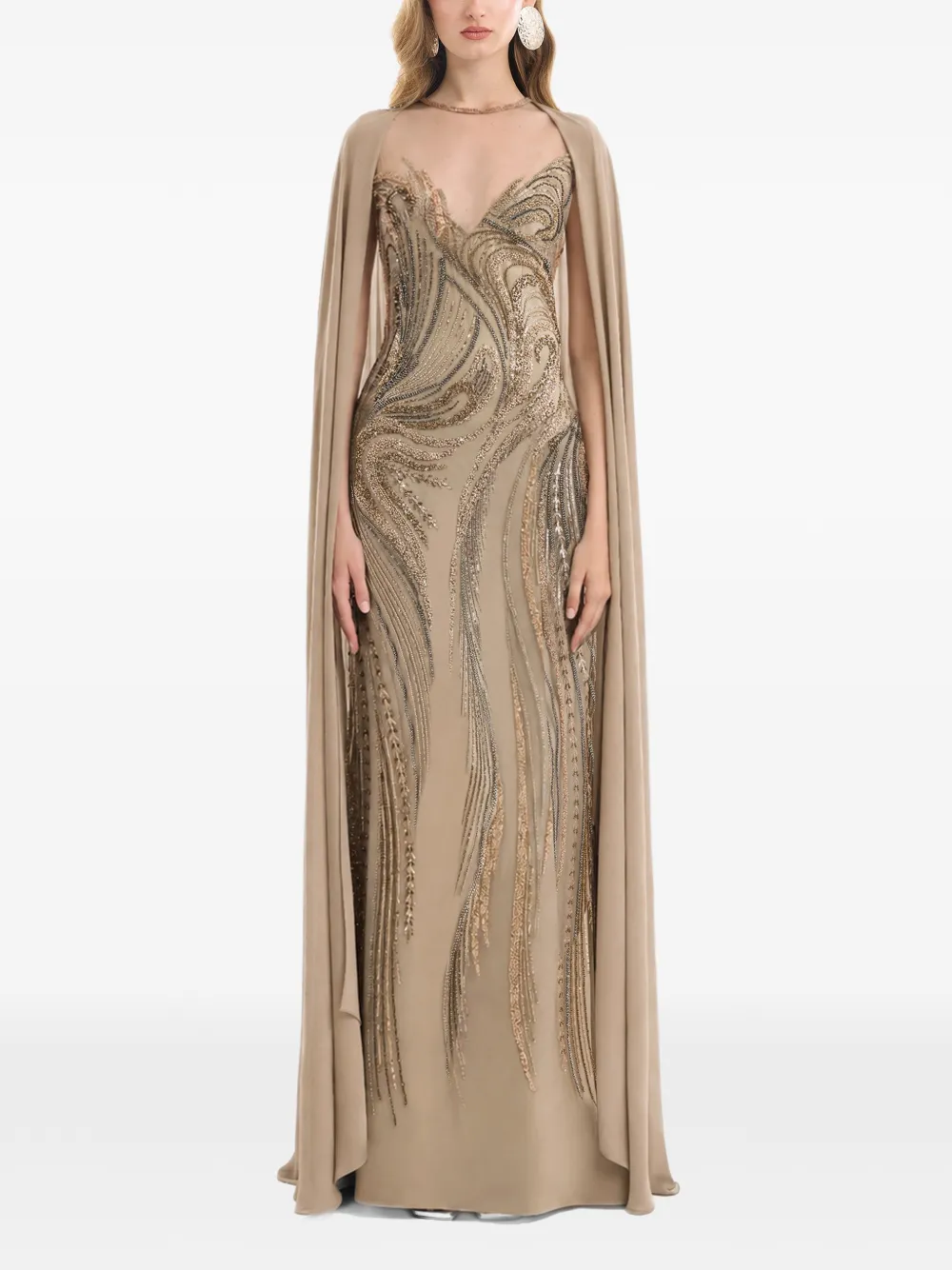 Gemy Maalouf bead-embellished cape-overlay maxi dress - Neutrals