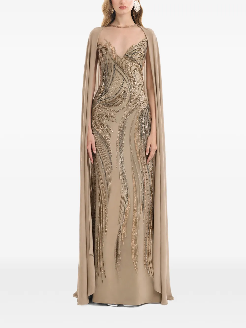 Gemy Maalouf Maxi-jurk verfraaid met kralen en cape Beige