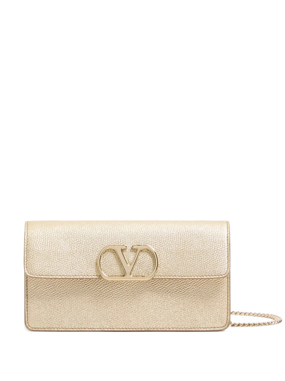 Valentino Garavani Portafoglio VLogo Signature in pelle di vitello zigrinata con catena - Oro