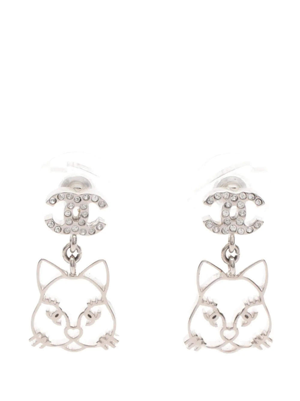 CHANEL Pre-Owned 2016 CC Stainless Steel Rhinestone Choupette Cutout Drop Earrings costume earrings - Argento