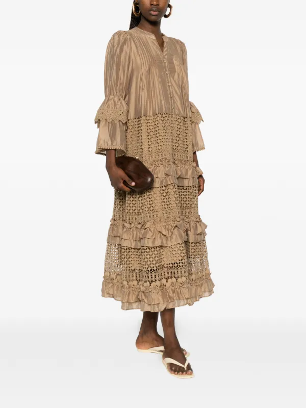 Paper Lace Lace Ruffled Midi Dress | Brown | FARFETCH KW