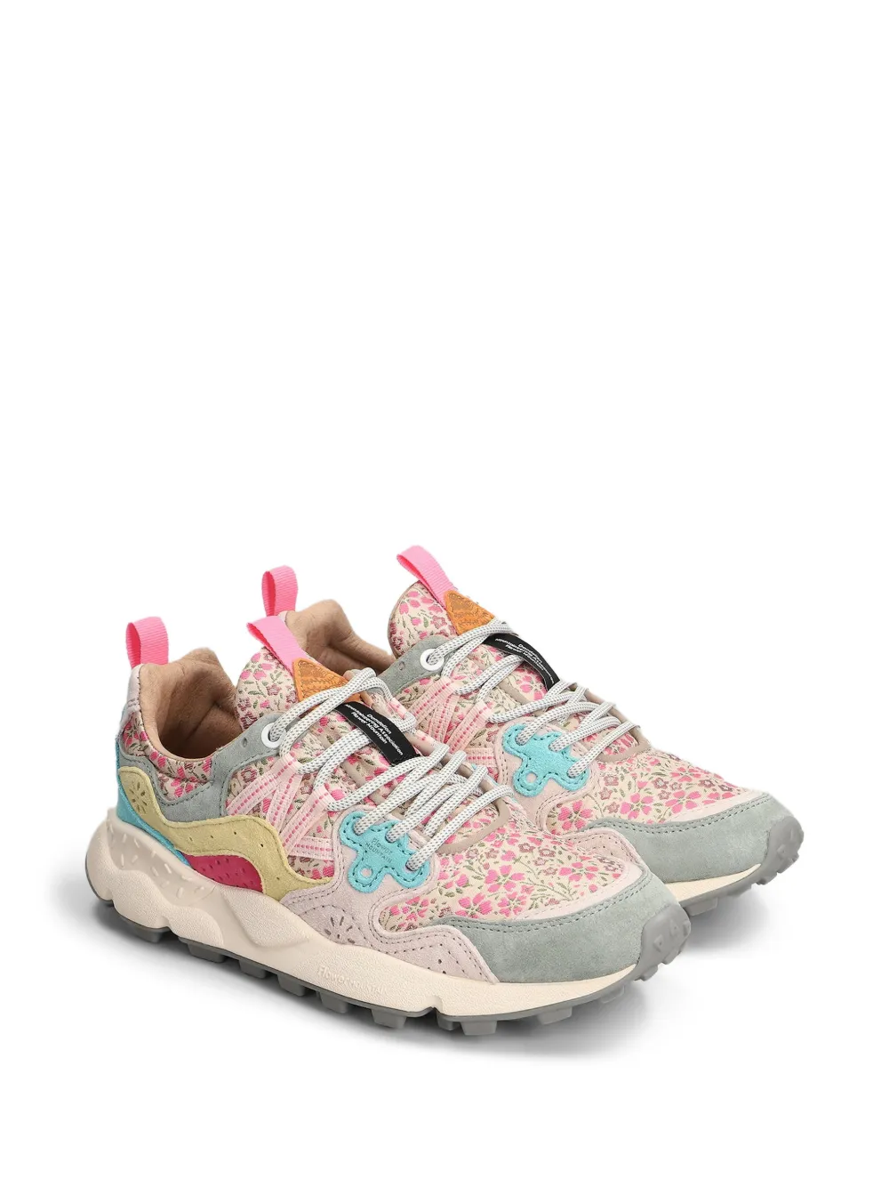 FLOWER MOUNTAIN Yamano 3 floral-print panelled suede sneakers Roze