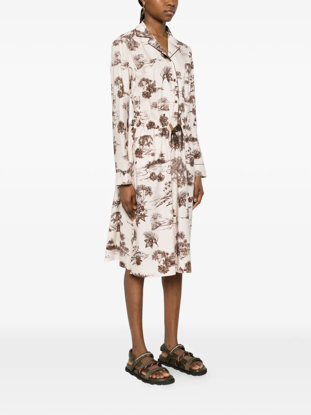 Moncler Midi-jurk met trekkoord en bloemenprint Beige