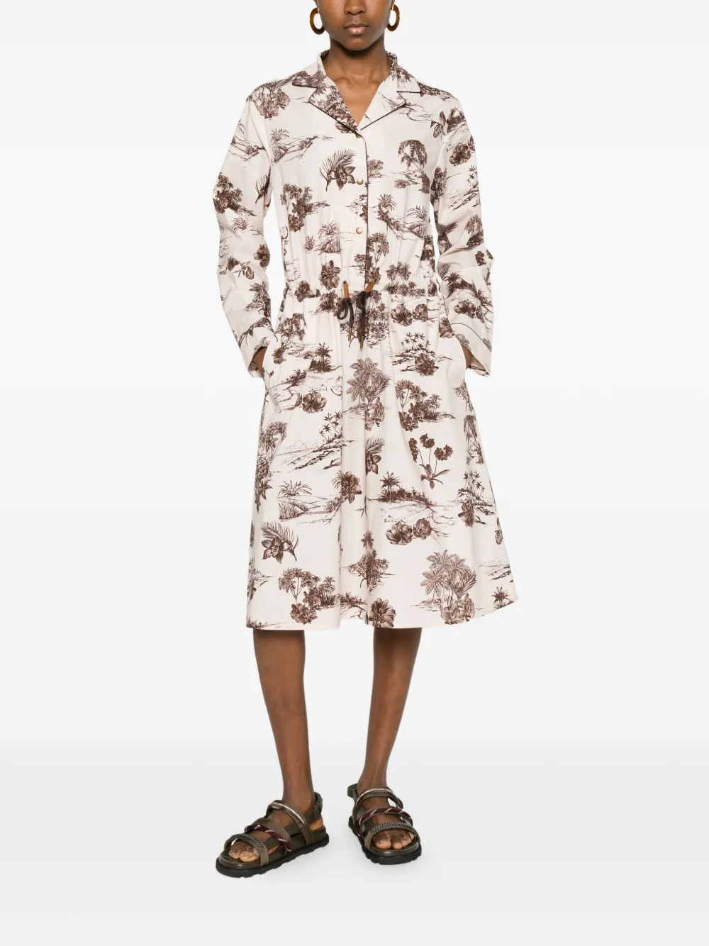 Moncler Midi-jurk met trekkoord en bloemenprint Beige