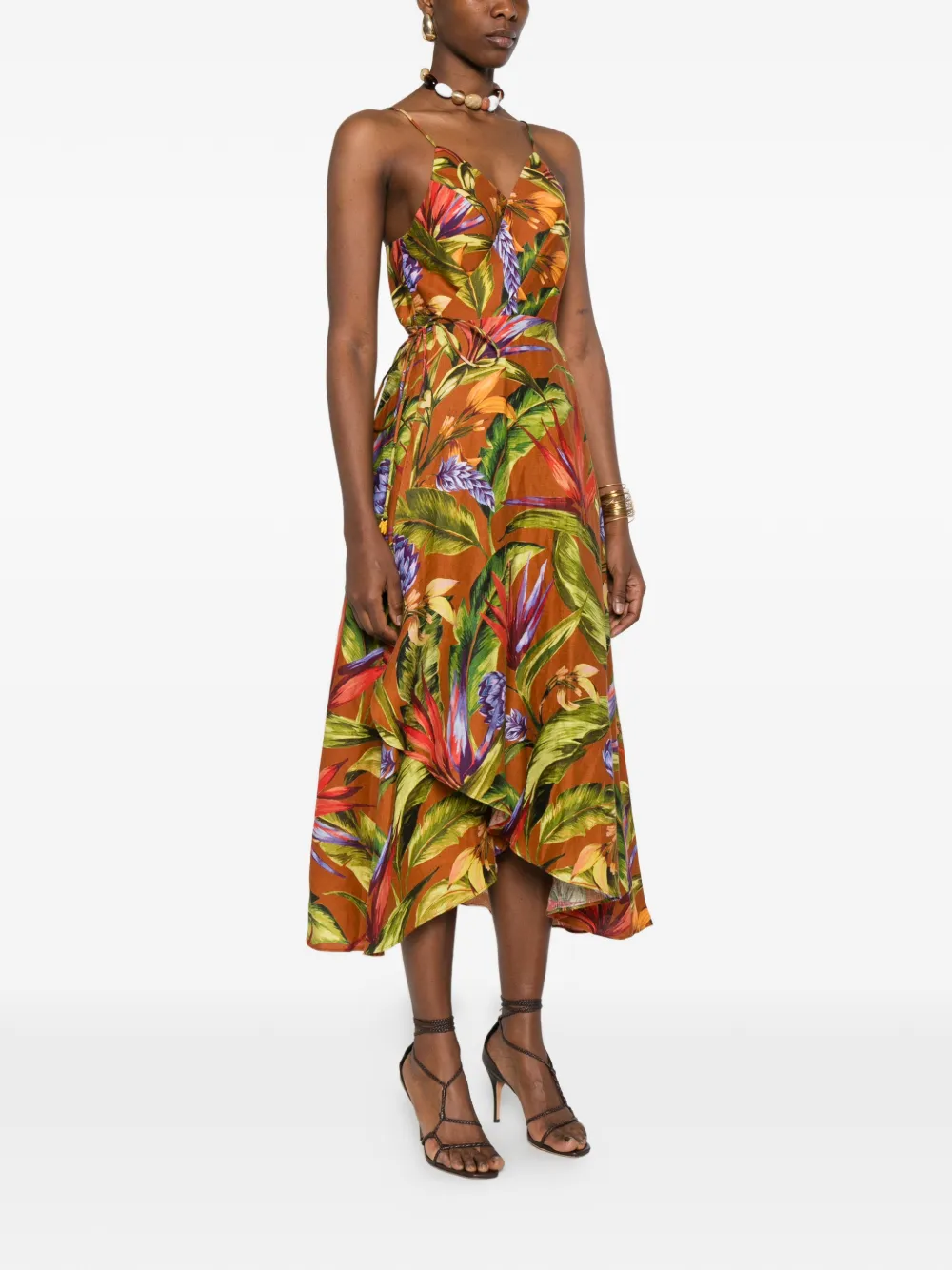FARM Rio Midi-jurk met bloemenprint Bruin