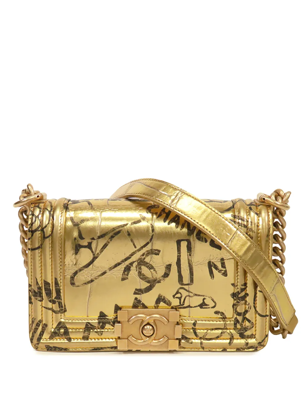 CHANEL Pre-Owned 2019 Small Croc Embossed Leather Graffiti Cocodile Boy Flap shoulder bag - Oro