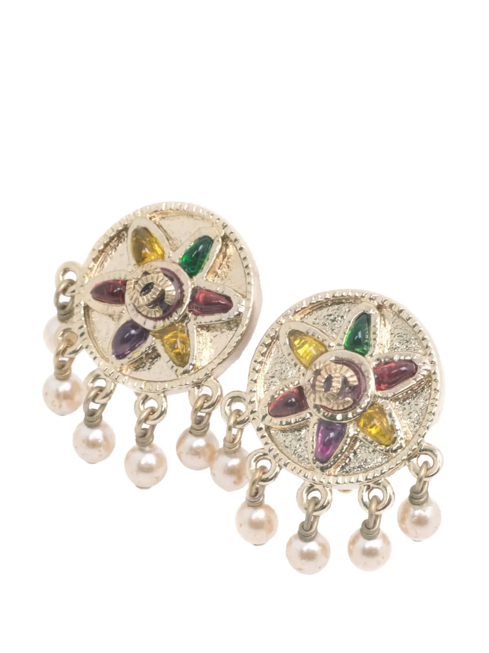  Chanel Pre-owned 2007 Cc Gold Plated Gripoix And Faux Pearl Flower Clip On Earrings Costume Earrings 