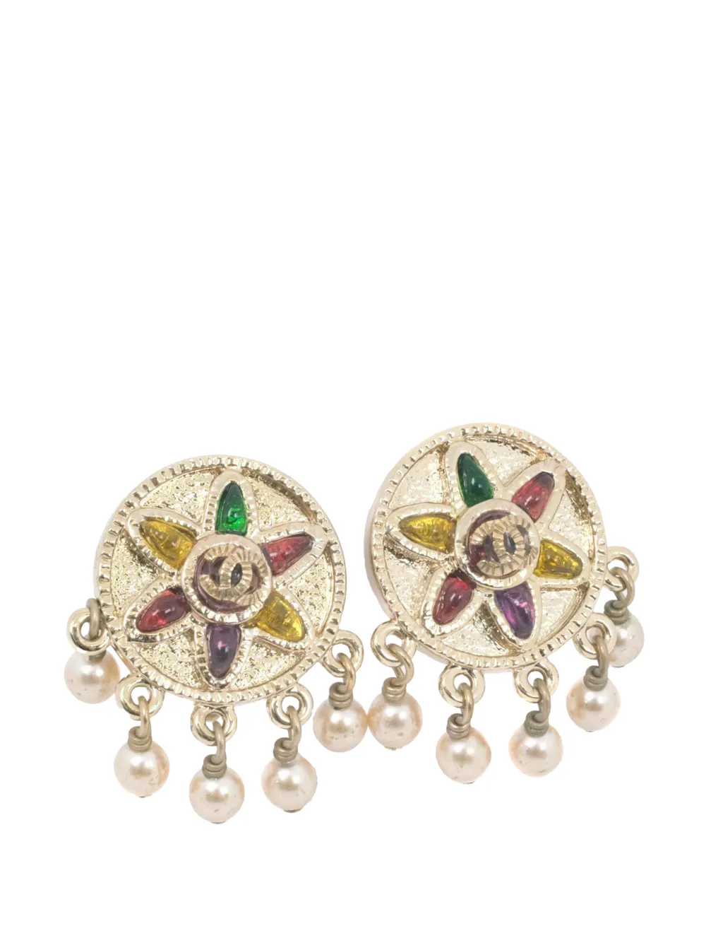 CHANEL Pre-Owned 2007 CC Gold Plated Gripoix and Faux Pearl Flower Clip On Earrings costume earrings - Oro