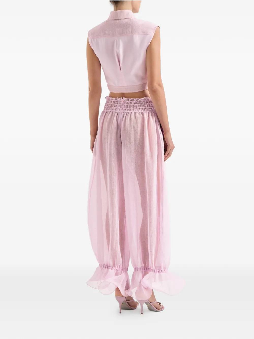 Genny Broek met bloemenpatch en ruches Roze