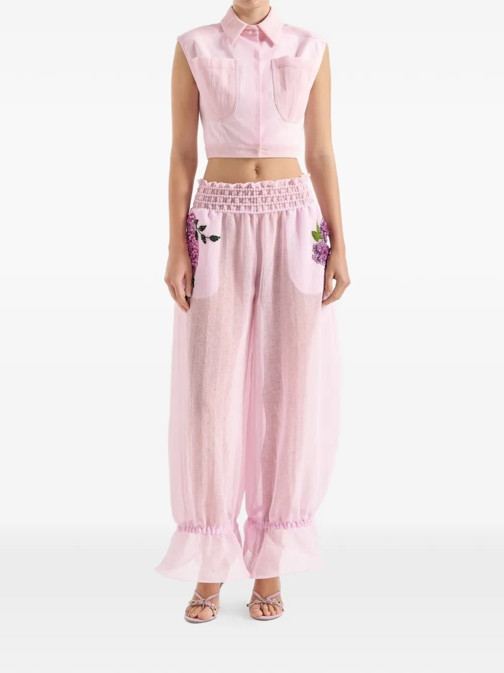 Genny Broek met bloemenpatch en ruches Roze