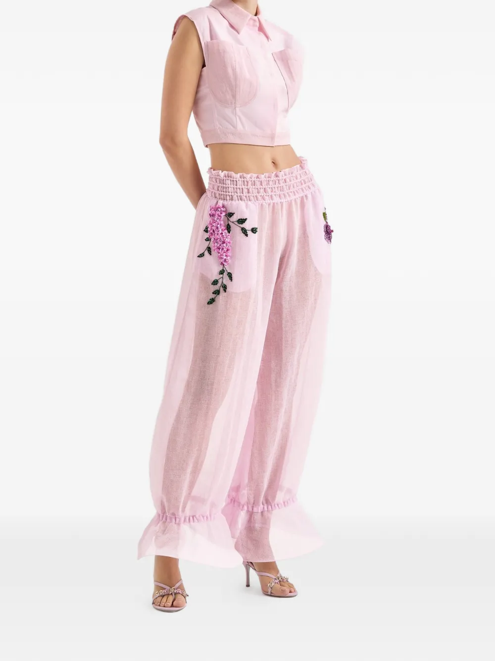 Genny Broek met bloemenpatch en ruches Roze