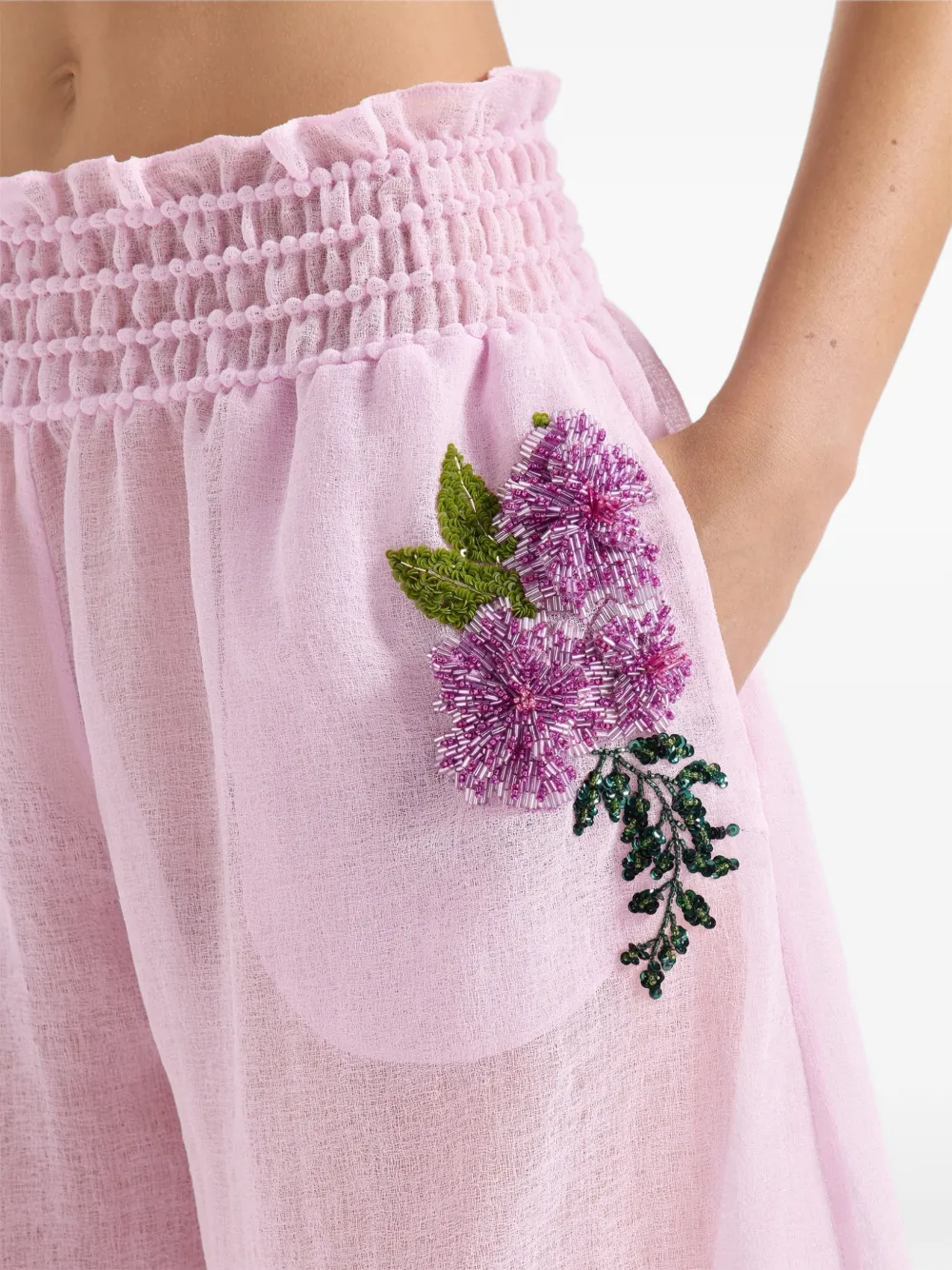 Genny Broek met bloemenpatch en ruches Roze