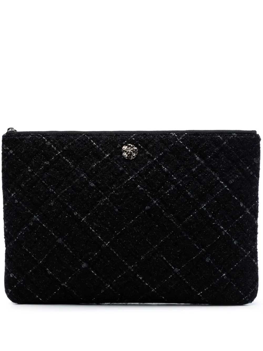 CHANEL Pre-Owned 2016-2017 Large Quilted Tweed and Lambskin Camellia O Case clutch bag - Nero