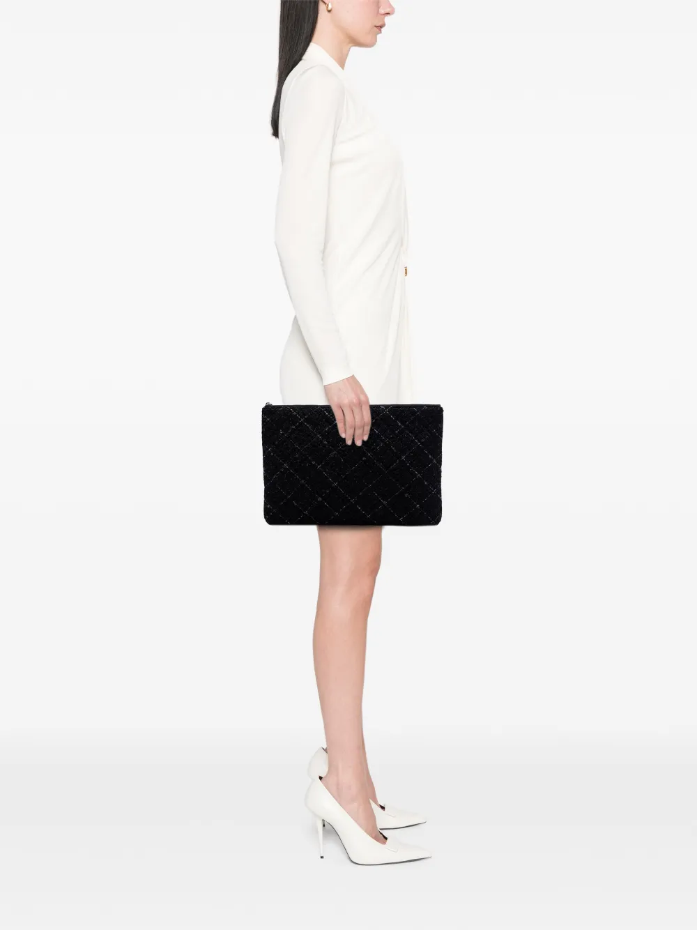  Chanel Pre-owned Bolso De Mano Camellia O Case Grande De Tweed Y Piel De Borrego Acolchado 2016-2017 - Negro 