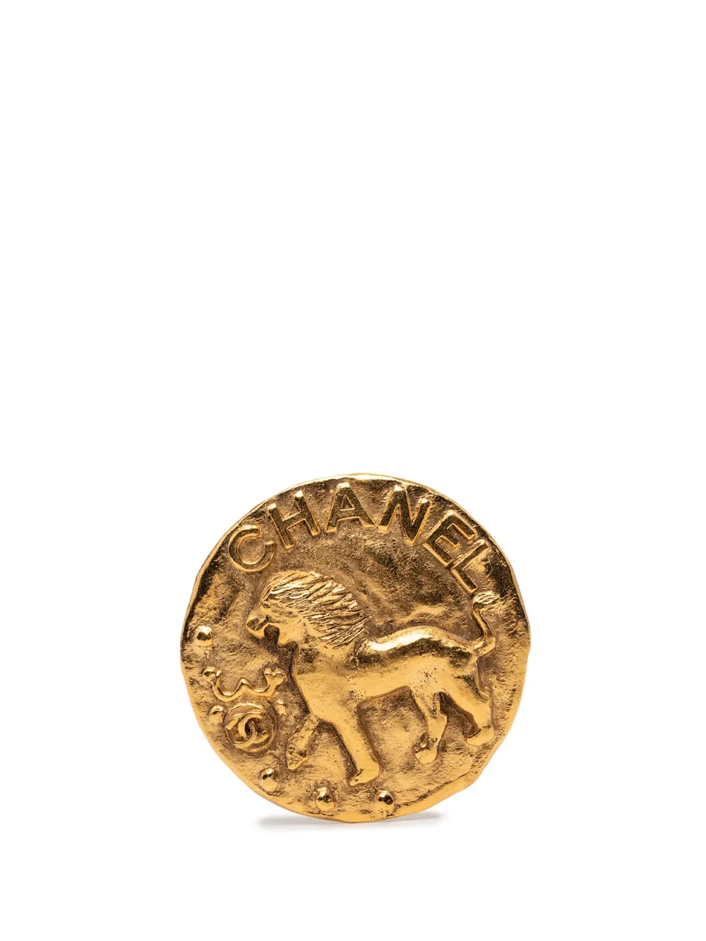 CHANEL Pre-Owned 1980-1990 CC Gold Plated Round Lion Brooch costume brooch