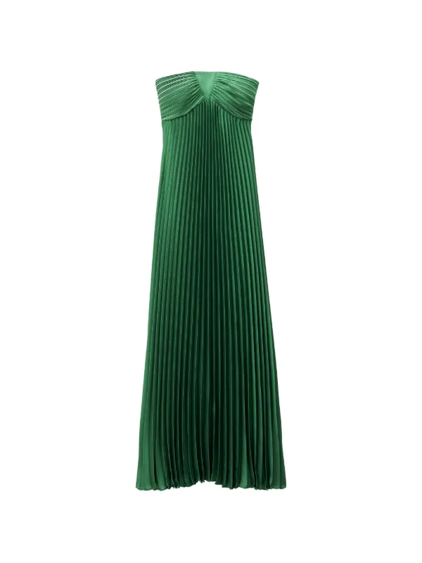 green pleated strapless dress Green Metallic Sweetheart Pleated A-Line Long Prom Dresses, Green / 4 main image 0