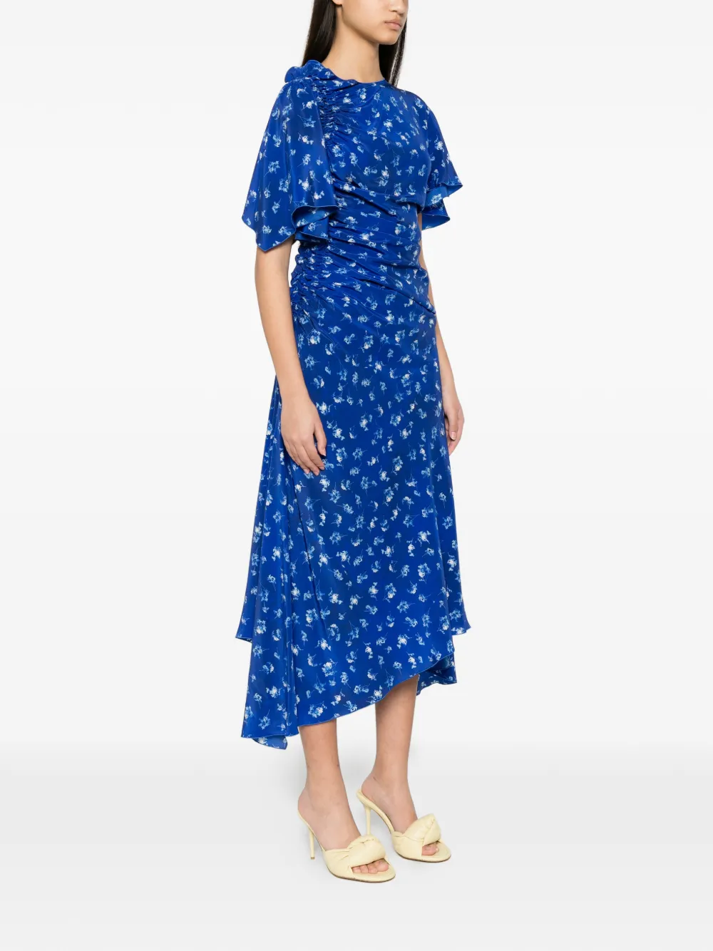 Victoria Beckham Gesmockte asymmetrische jurk met bloemenprint Blauw