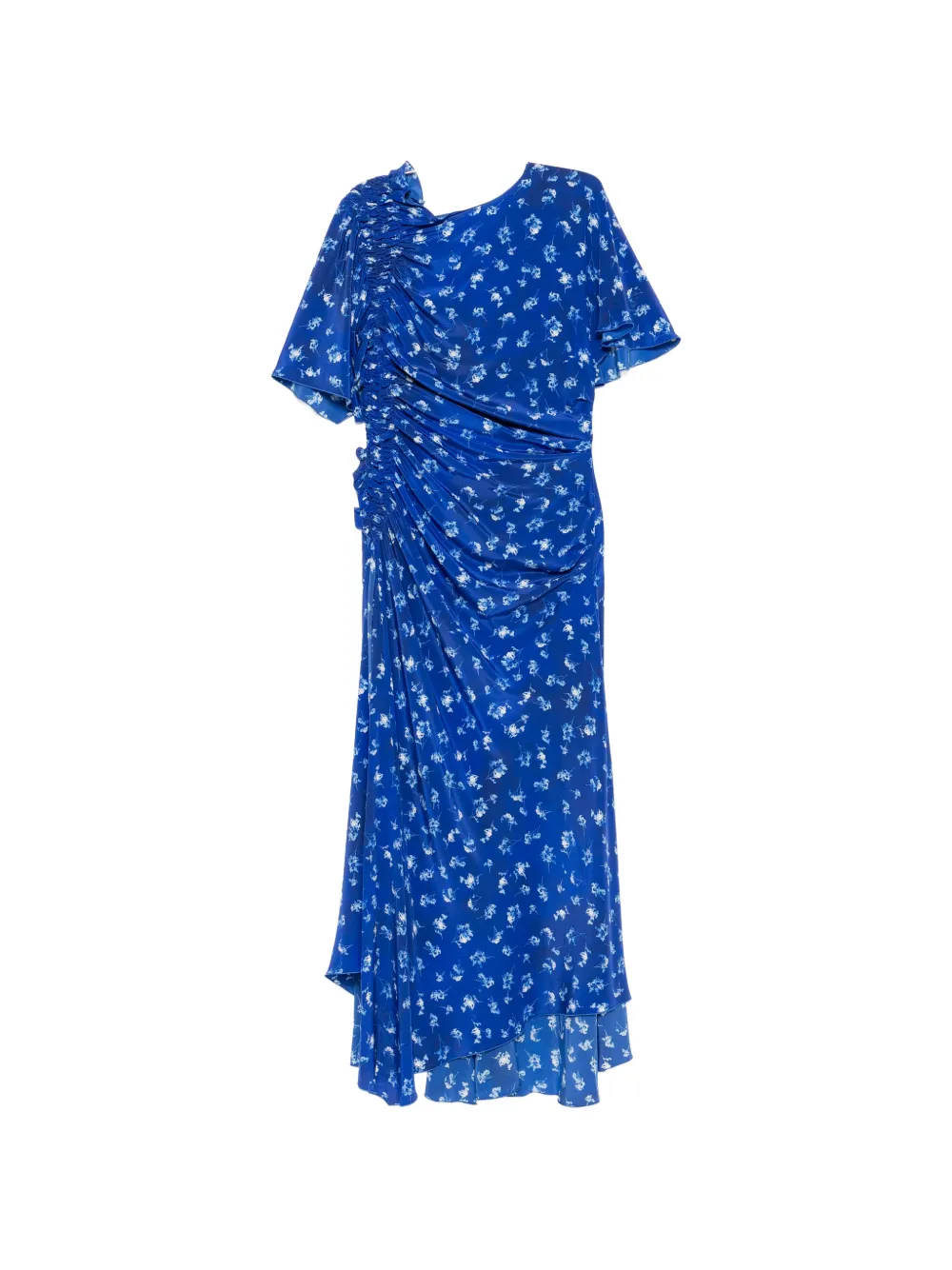 Victoria Beckham Floral-print Smocked Asymmetric Dress In Blue