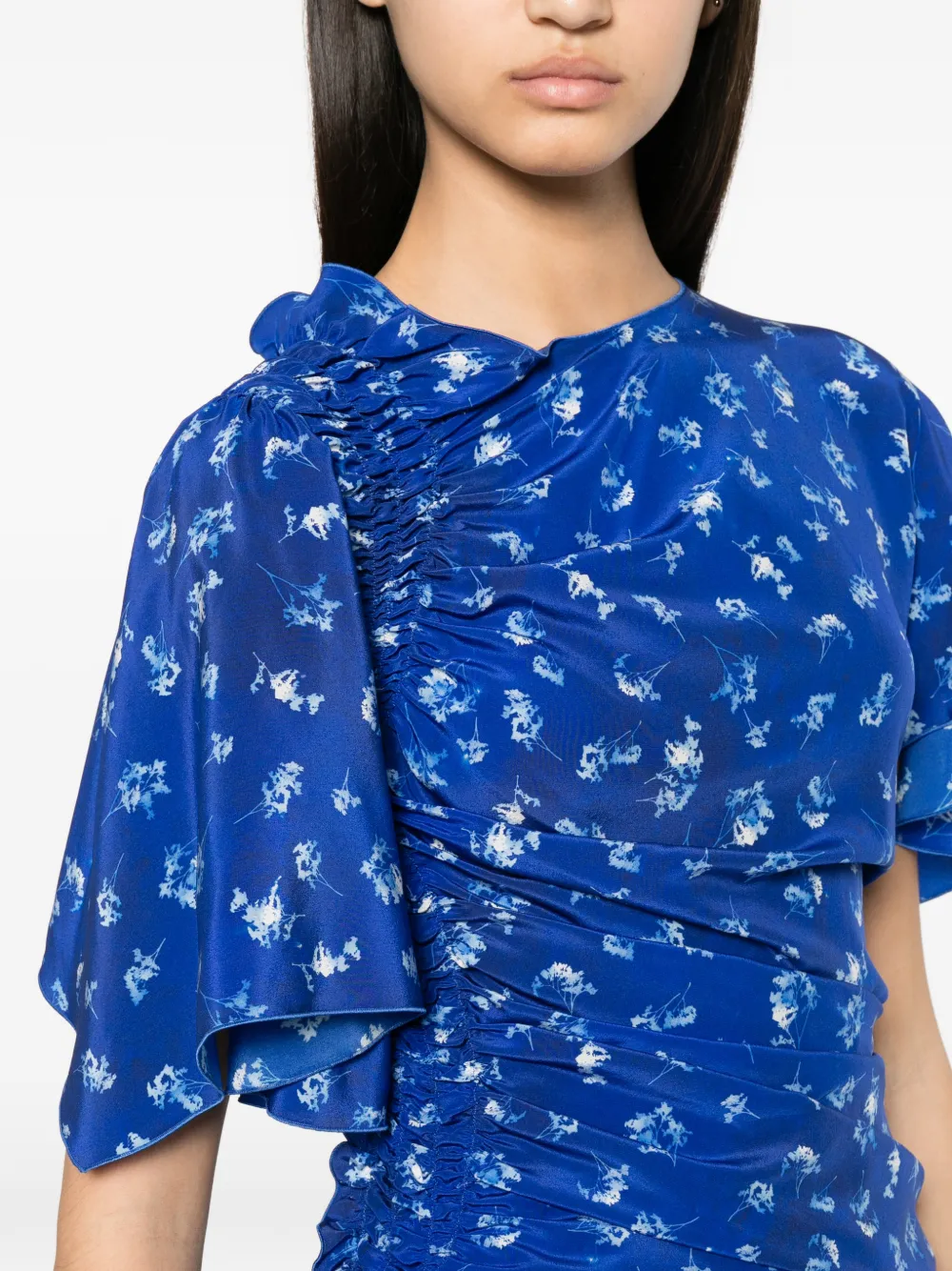 Victoria Beckham Gesmockte asymmetrische jurk met bloemenprint Blauw
