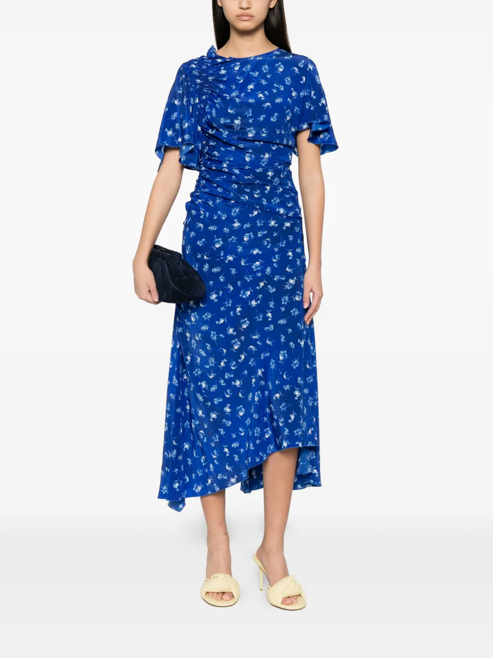 Victoria Beckham Gesmockte asymmetrische jurk met bloemenprint Blauw