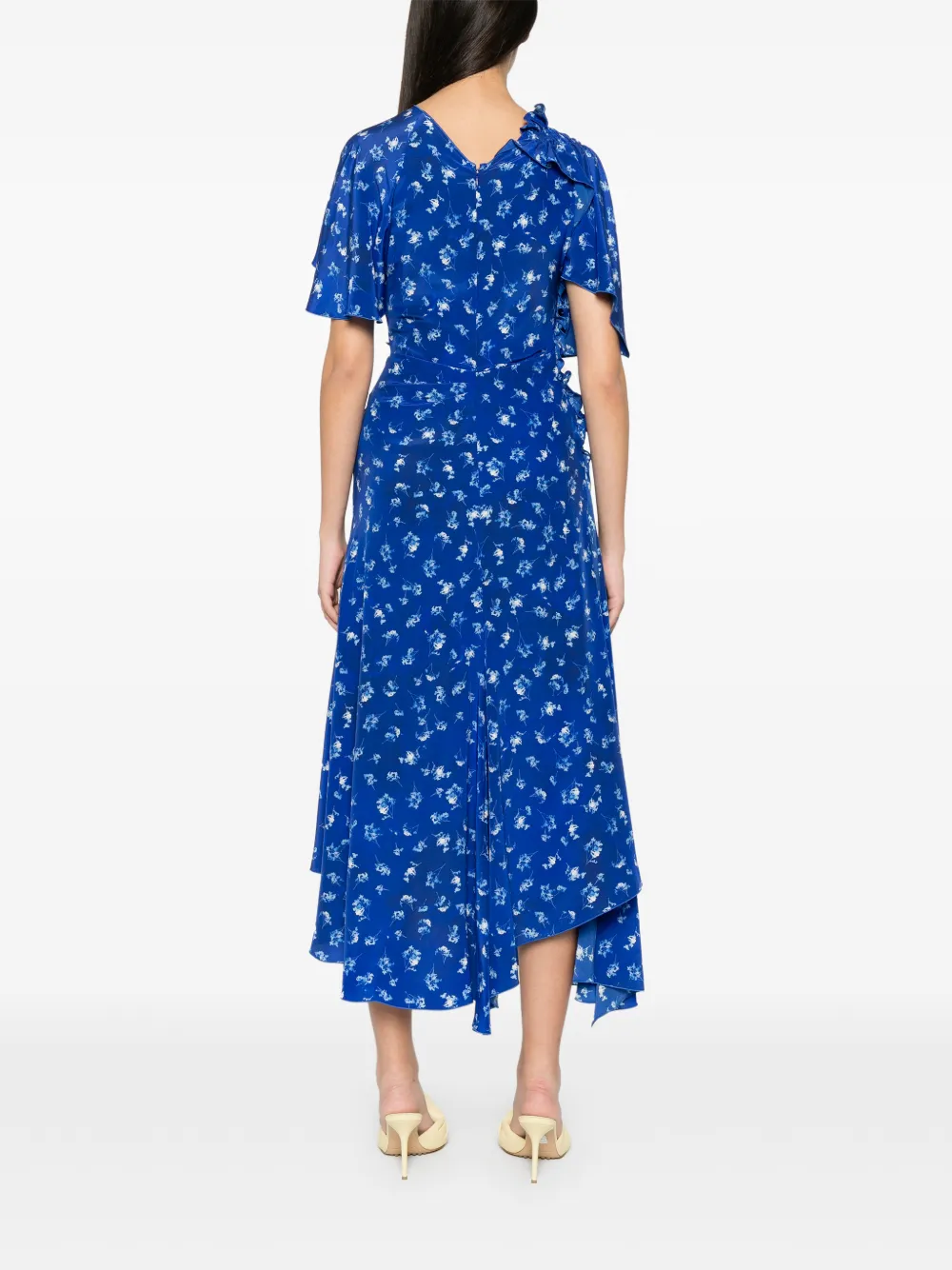 Victoria Beckham Gesmockte asymmetrische jurk met bloemenprint Blauw