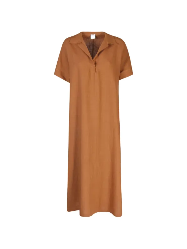 Eleventy Short-sleeve Linen Maxi Dress in Brown