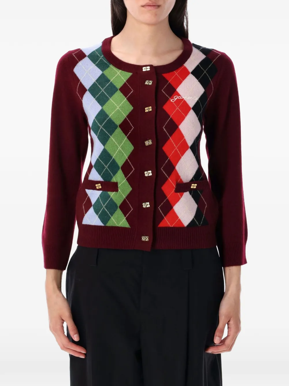 GANNI argyle button cardigan - Red