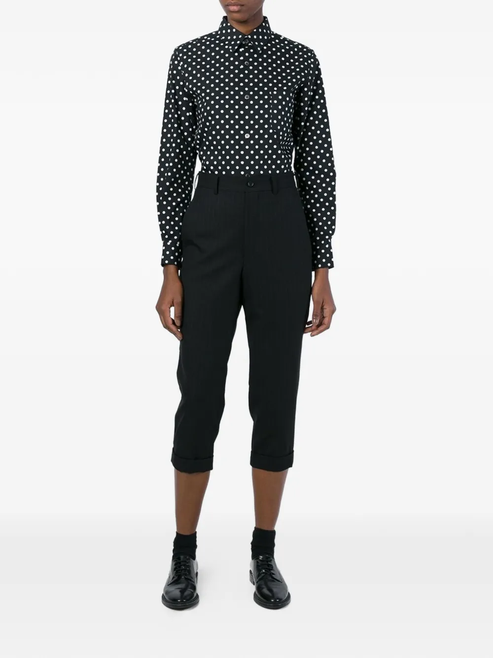 Comme Des Garçons Pinstripe Cropped Trousers in Black, view 2