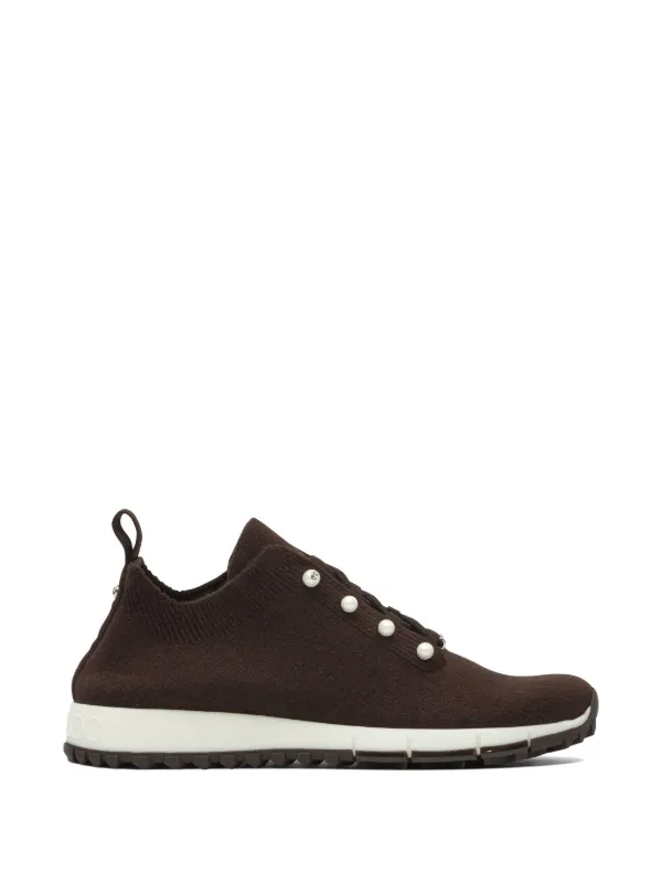 Jimmy Choo Veles Chocolate Cashmere Melange Knit Trainers Pearl Buttons in Brown