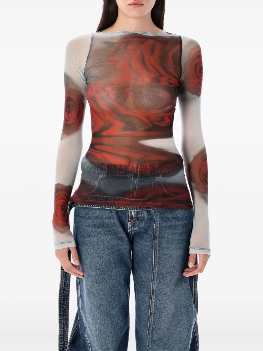 Jean Paul Gaultier rose-print mesh top - Rosso