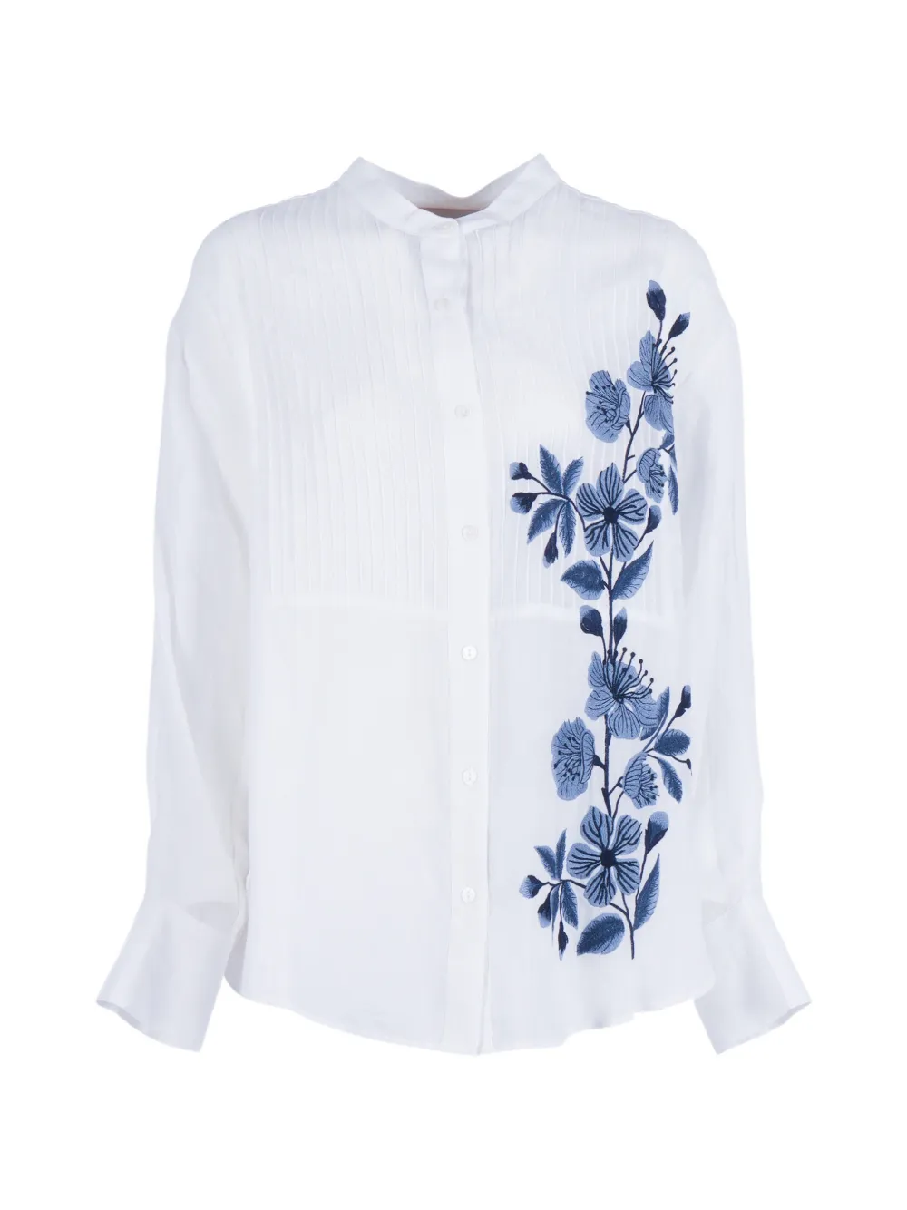ERMANNO FIRENZE floral-embroidered pintuck-detail shirt - White