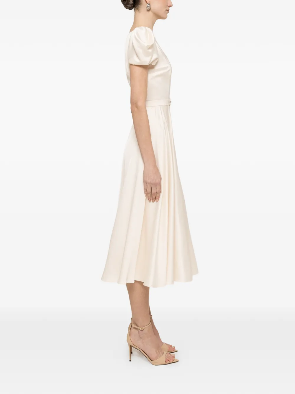  Nissa Belted Puff-sleeve Midi Dress - Neutrals 