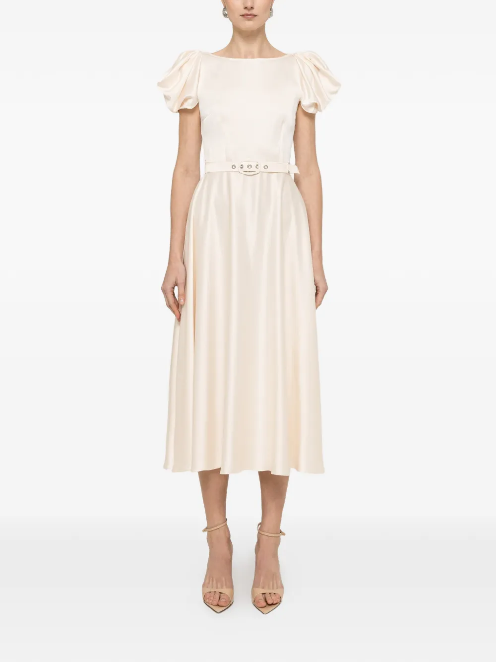  Nissa Belted Puff-sleeve Midi Dress - Neutrals 