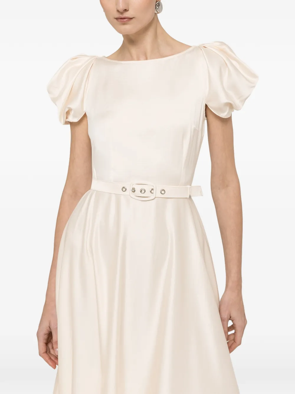 NISSA belted puff-sleeve midi dress - Neutrals