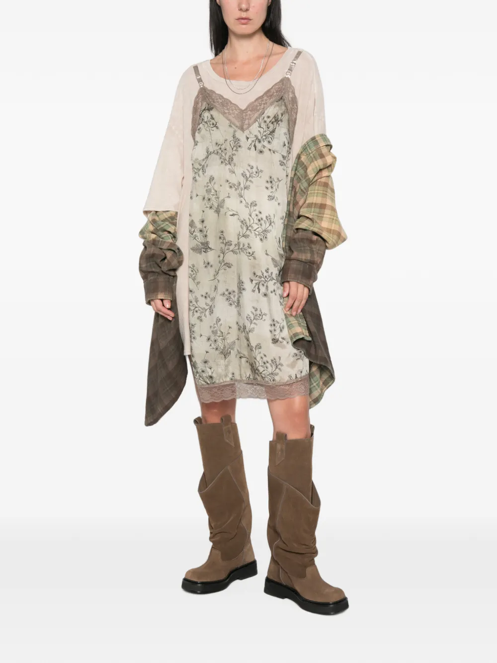 R13 Gelaagde midi-jurk met bloemenprint Beige