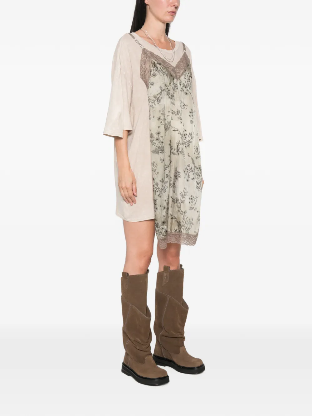 R13 Gelaagde midi-jurk met bloemenprint Beige