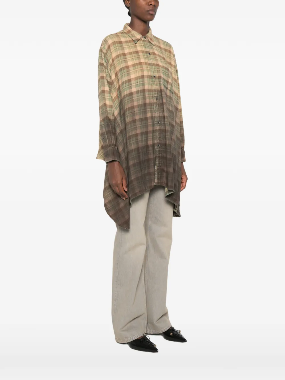 R13 Gedrapeerde blouse met kaki tot bruin geruit ombré-effect Beige