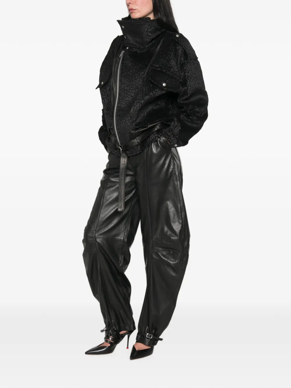 R13 crackled-effect belted jacket Zwart