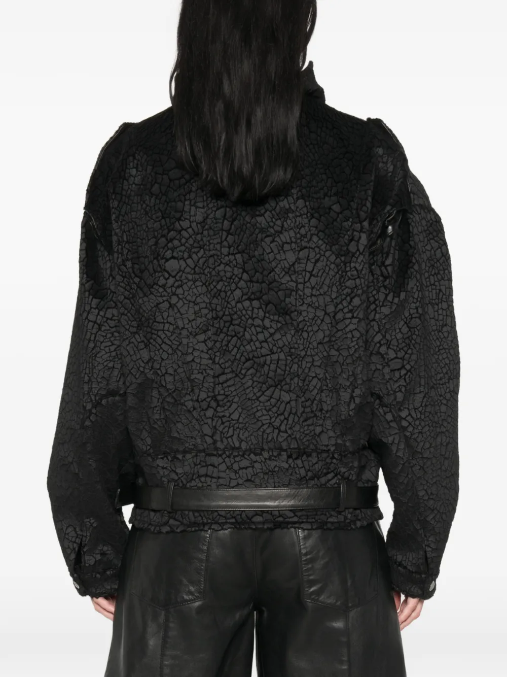 R13 crackled-effect belted jacket Zwart