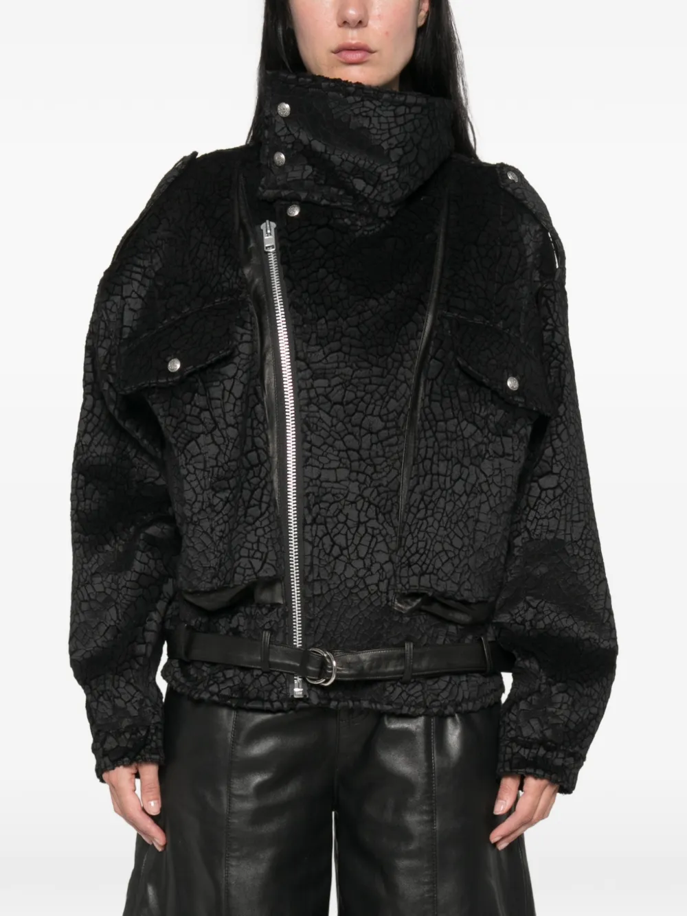 R13 crackled-effect belted jacket Zwart