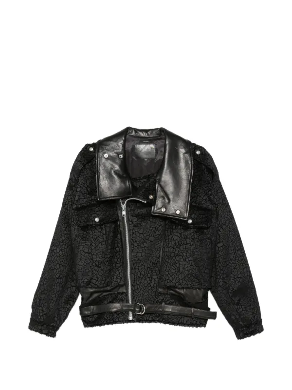 R13 Crackled-effect Belted Jacket in Black