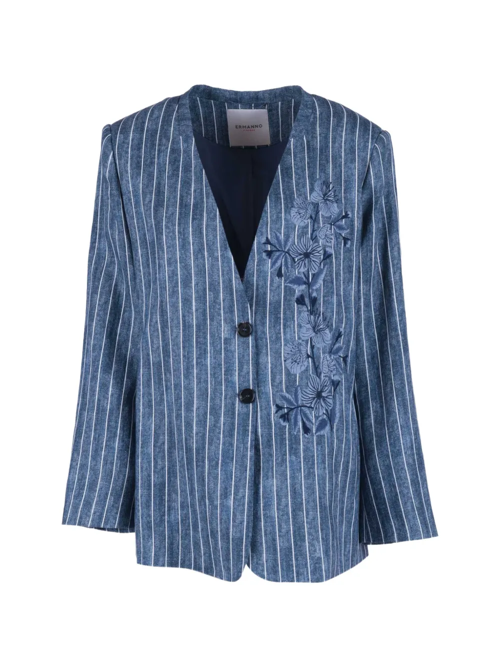 ERMANNO FIRENZE pinstripe-pattern floral-embroidered blazer - Blue